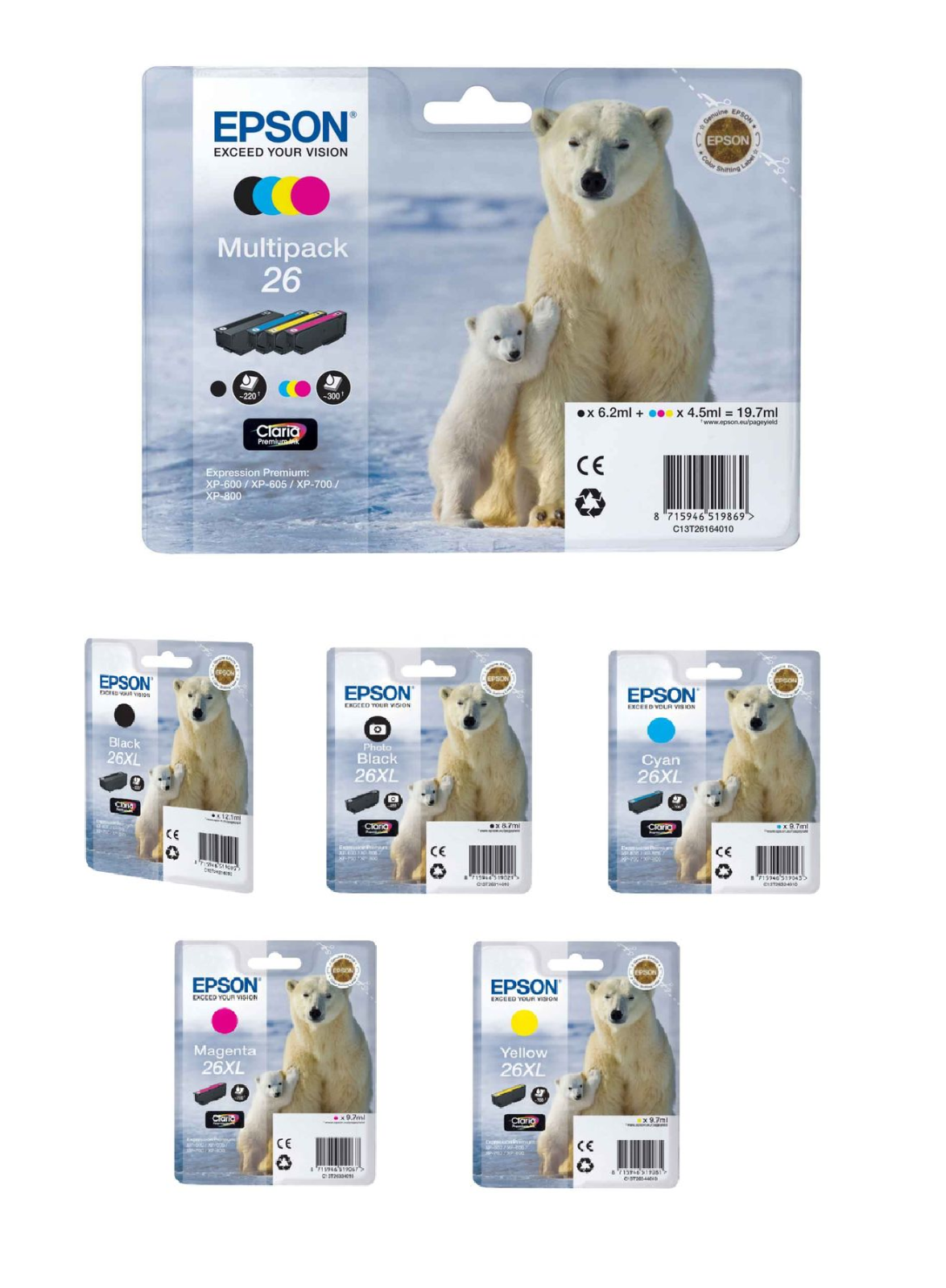 Genuine Epson 26 & 26XL Ink Cartridges (Polar Bear lot) - FREE UK DELIVERY!
