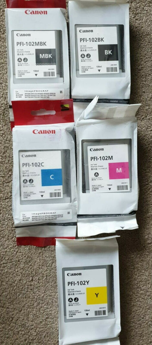 Genuine Canon PFI-102 set of 5 Ink Cartridges (130ml) - FREE UK DELIVERY - VAT
