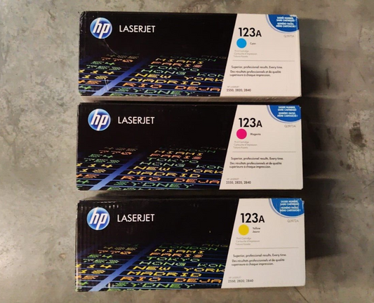 3x Genuine HP 123A Cyan Magenta Yellow Toner Cartridges FREE DELIVERY! VAT inc.