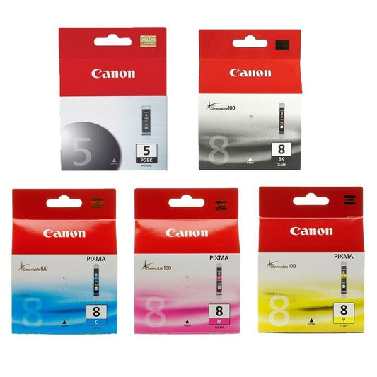 5x Genuine Canon PGI-5Bk + CLI-8C CLI-8M CLI-8Y CLI-8Bk ink cartridges - VAT inc