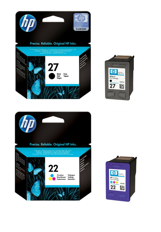 UNBOXED HP 27 + HP 22 Black and Tri-Colour ink cartridges (C8727AE + C9352AE)
