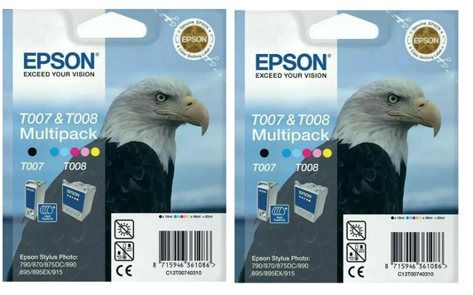 2 sets Genuine Epson T007 Black + T008 Colour Ink Cartridges - Set of 4
