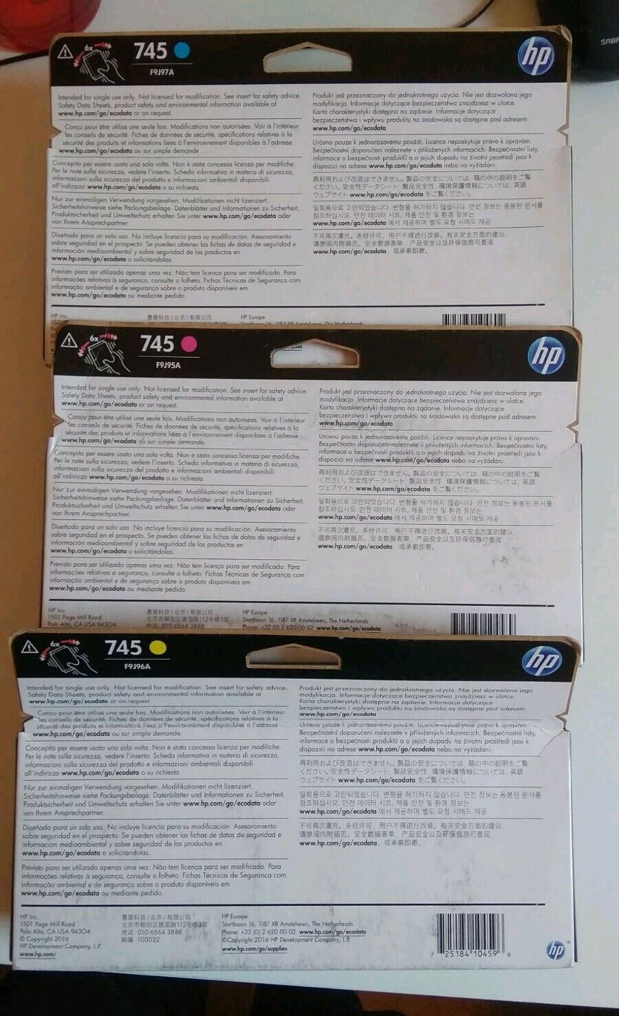 HP 745 Magenta F9J95A, Yellow F9J96A, Cyan F9J97A Ink Cartridges for Z2600 Z5600