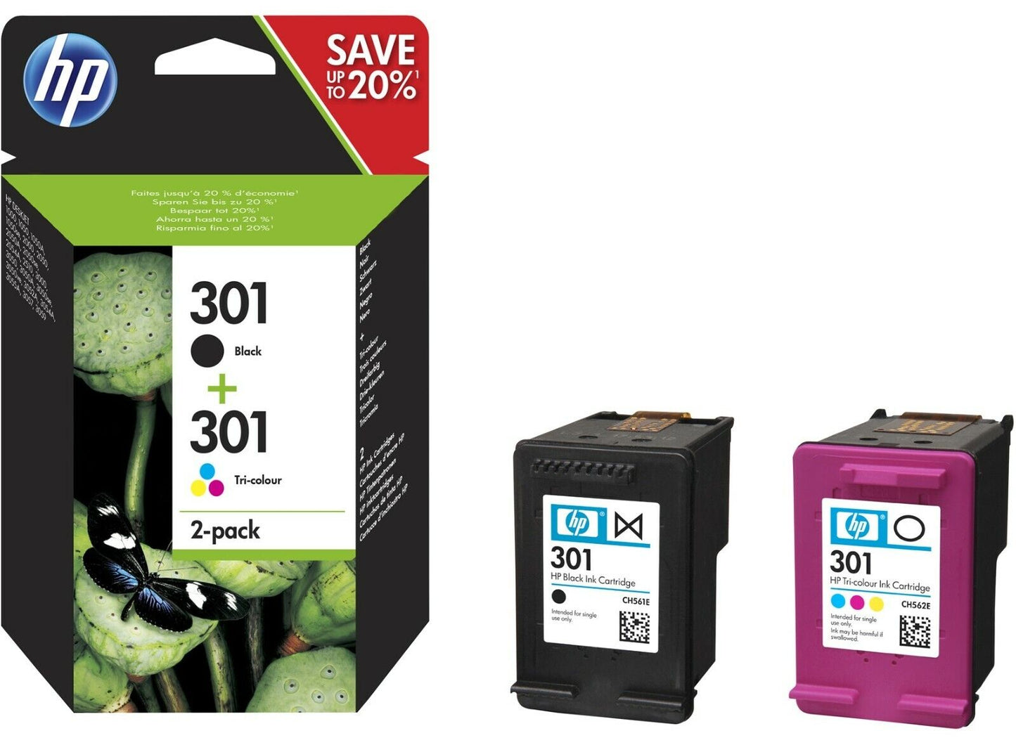 Genuine HP 301 Black and Colour Ink Cartridges (CH561EE + CH562EE)