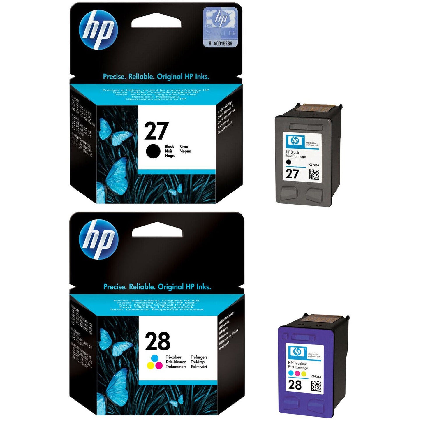 Genuine HP 27 + HP 28 Black and Tri-Colour ink cartridges (C8727AE + C8728AE)