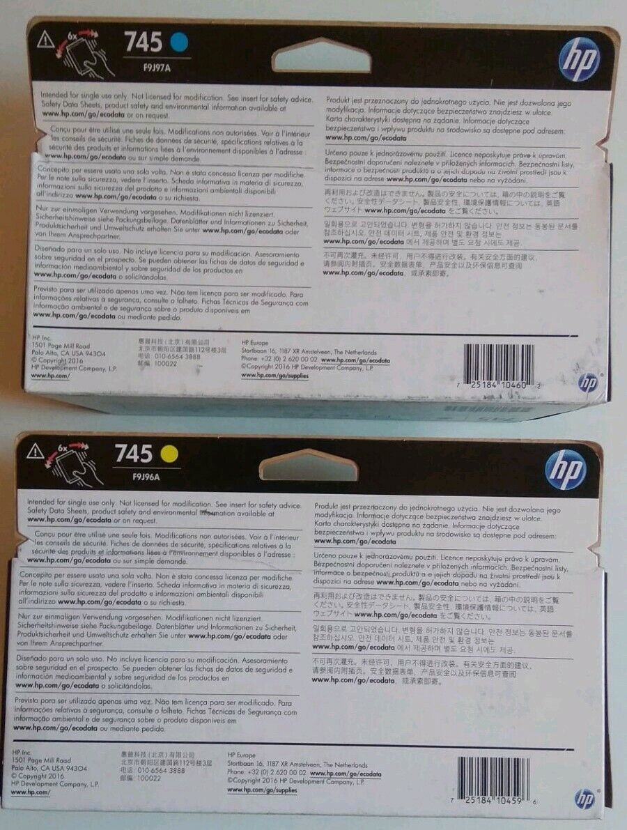 Genuine HP 745 Cyan F9J97A & Yellow F9J96A Ink Cartridges for DJ Z2600 Z5600