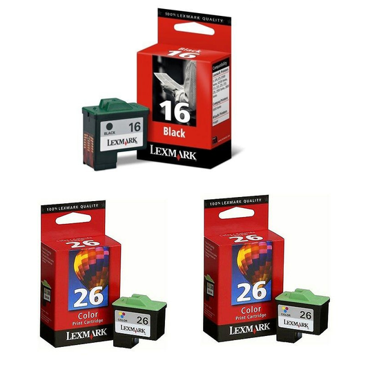 Genuine LEXMARK 16 Black + 2x 26 Colour Ink Cartridges - Set of 3 -FREE DELIVERY