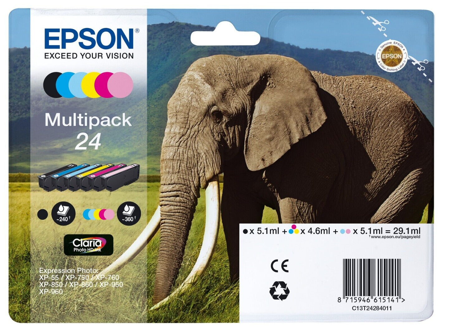 6x Genuine Epson 24 (Elephant) Ink Cartridges for XP-750 XP-960 XP-950 XP-850