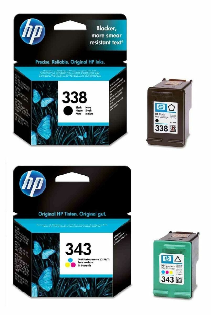 Genuine HP 338 + 343 Black & Tri-Colour Ink Cartridges (C8765EE + C8766EE) - VAT
