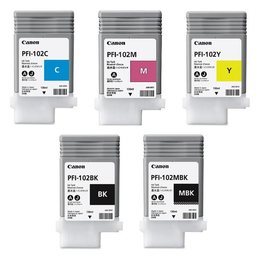 Genuine Canon PFI-102 set of 5 Ink Cartridges (130ml) - FREE UK DELIVERY - VAT