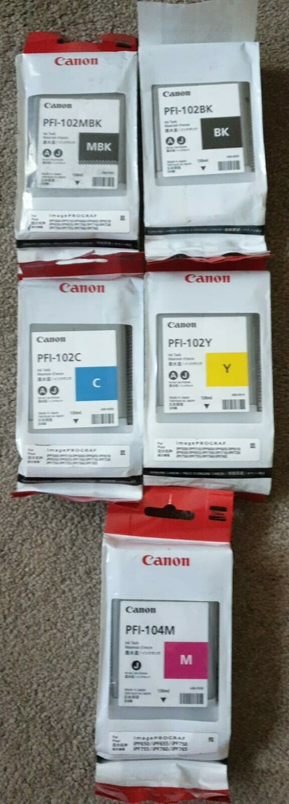 Genuine Canon PFI-102 / PFI-104 set of 5 Ink Cartridges - 130ml -    Include VAT