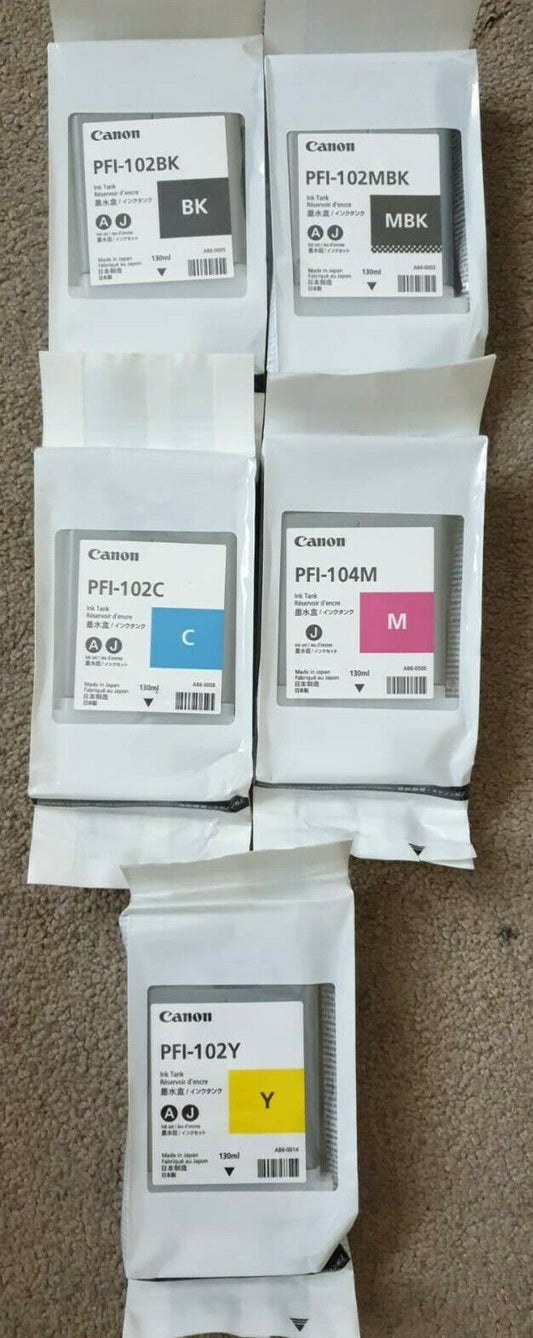 Genuine Canon PFI-102 / PFI-104 set of 5 Ink Cartridges - 130ml -    Include VAT